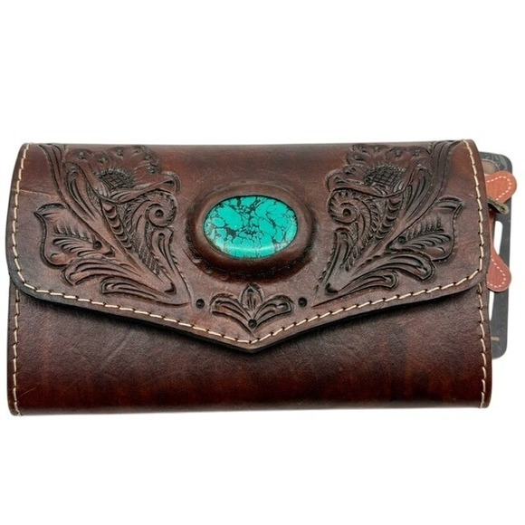 『Hollywood WALLET BROWN×TURQUOISE』 American Darling Womens Brown Tooled Leather Turquoise Stone